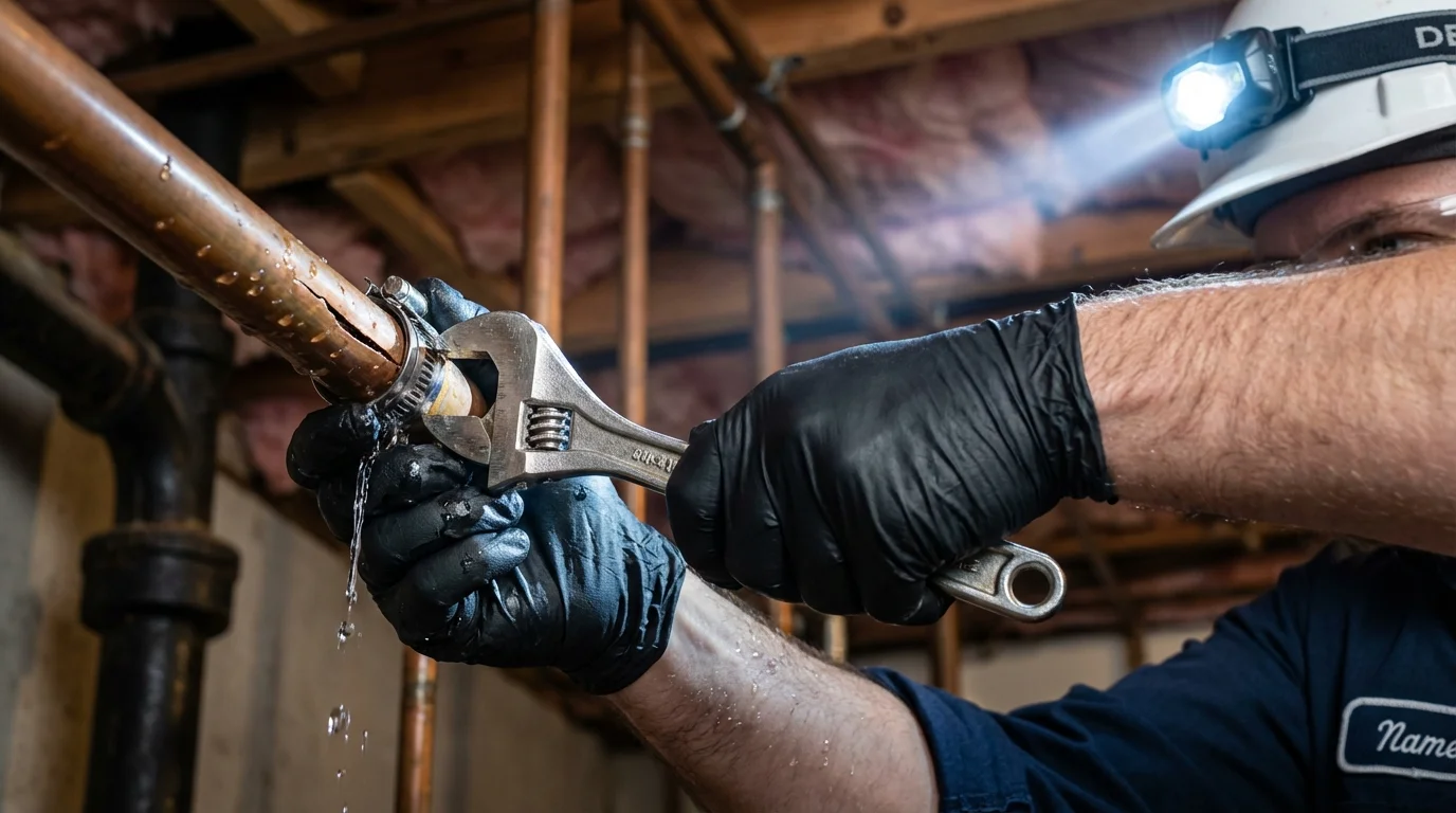 Emergency pipe clamp repair being performed by a Johns Plumbing LLC plumber in Diamond Springs