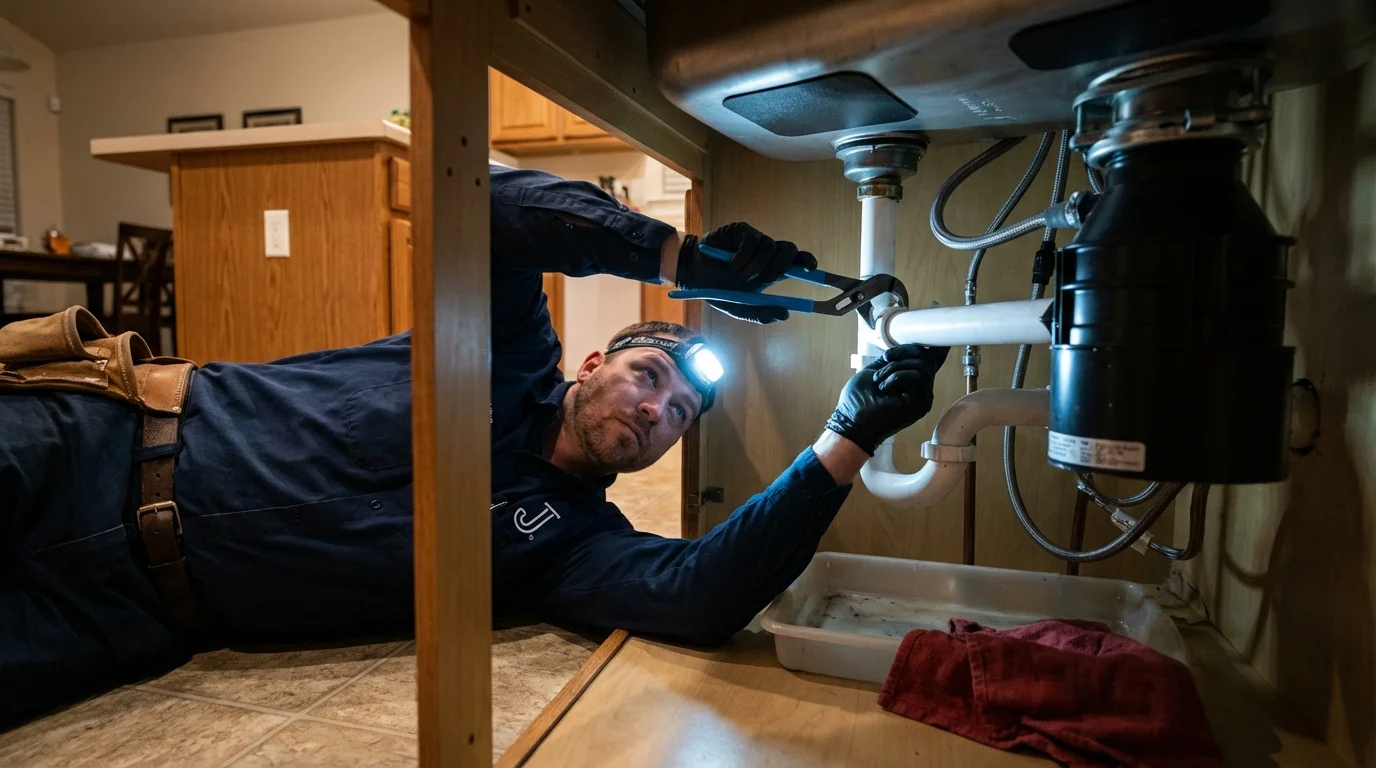 P-trap and supply line connections under a kitchen sink showing a common leak point in Diamond Springs, CA